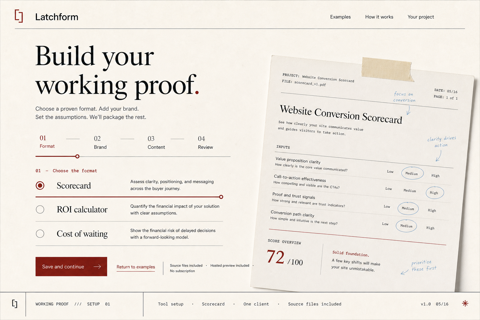 Latchform concept interface for configuring a website conversion scorecard