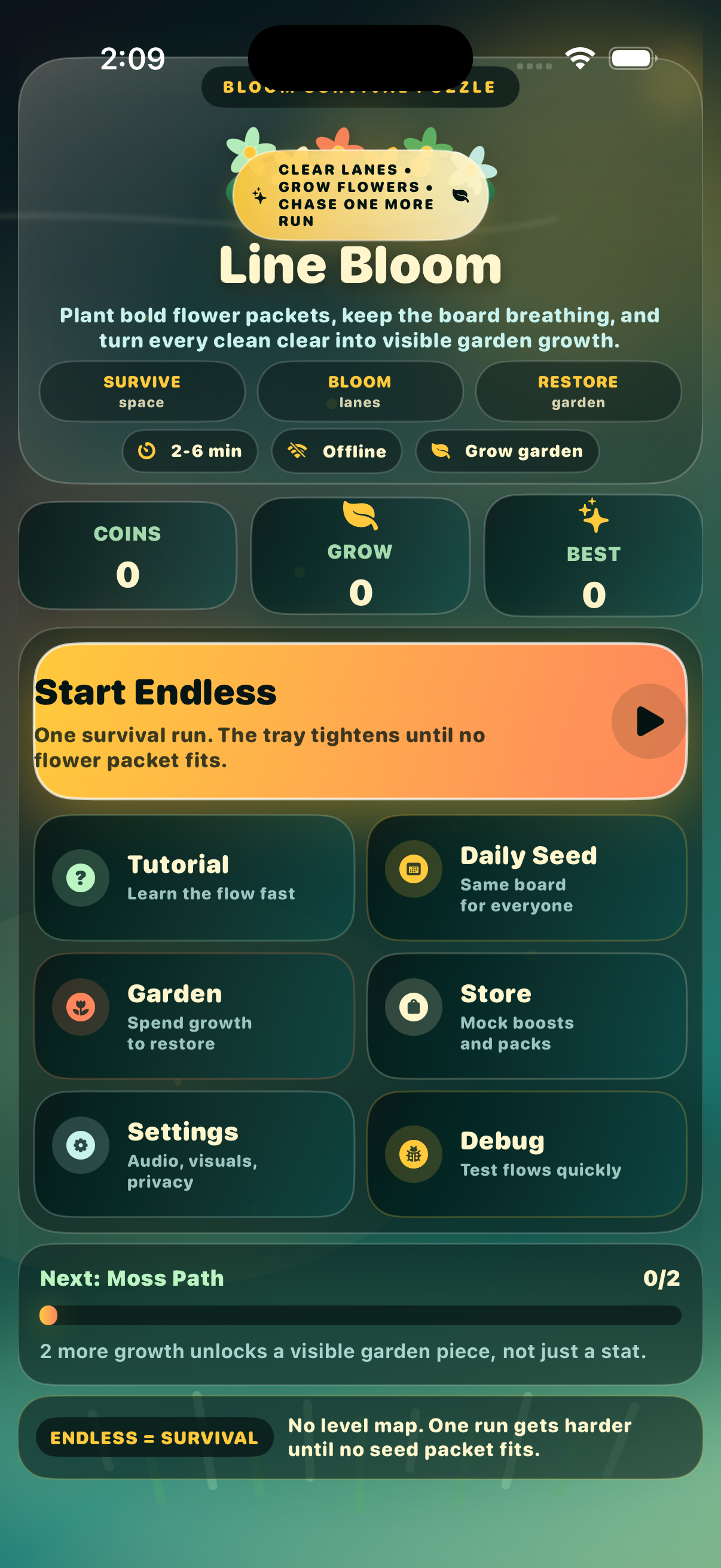 LineBloom iPhone home screen with puzzle modes and garden progression