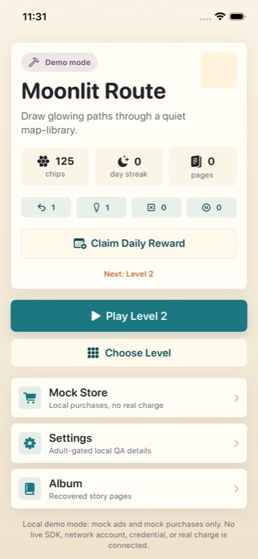 Moonlit Route home screen labeled Demo mode and Mock Store